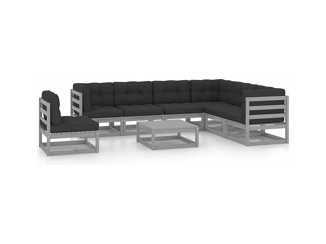 Set de muebles de jardín 8 piezas con cojines madera pino gris