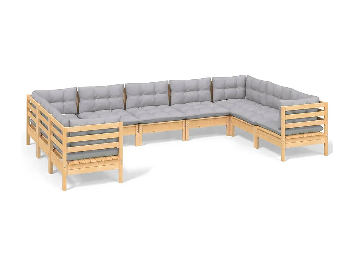 9 peças conjunto lounge de jardim c/ almofadões cinzentos pinho