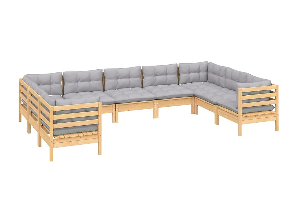 9 peças conjunto lounge de jardim c/ almofadões cinzentos pinho