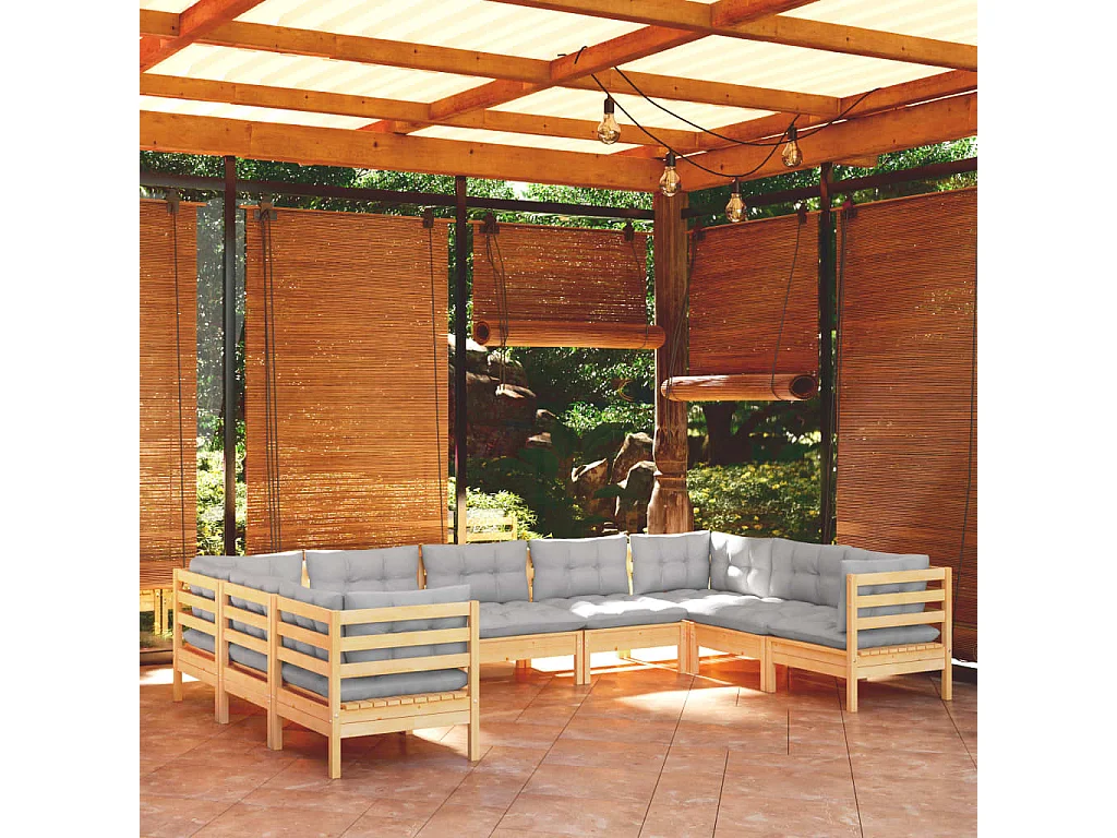 Salon de jardin 9 pièces avec coussins gris bois de pin