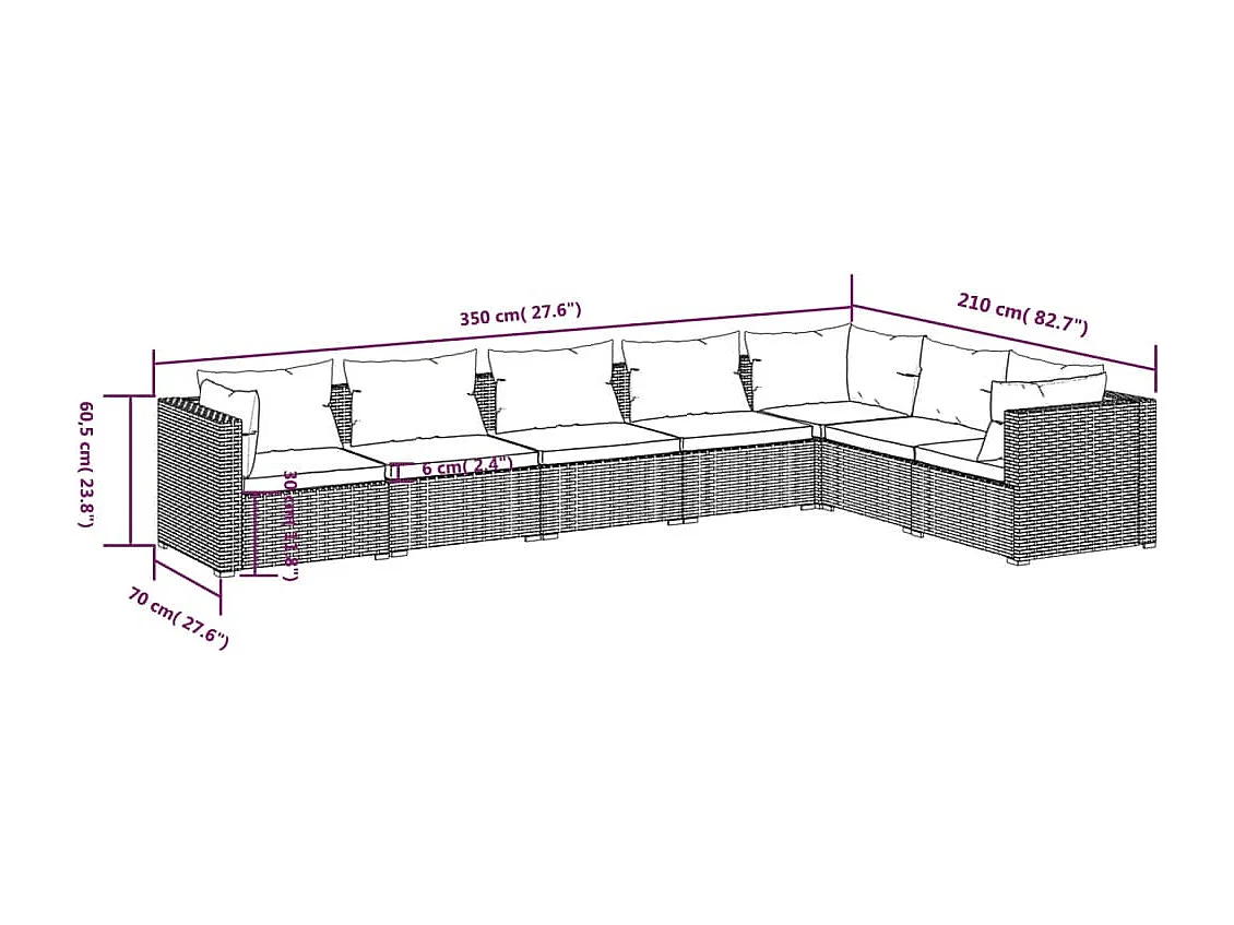 7-delige Loungeset met kussens poly rattan bruin