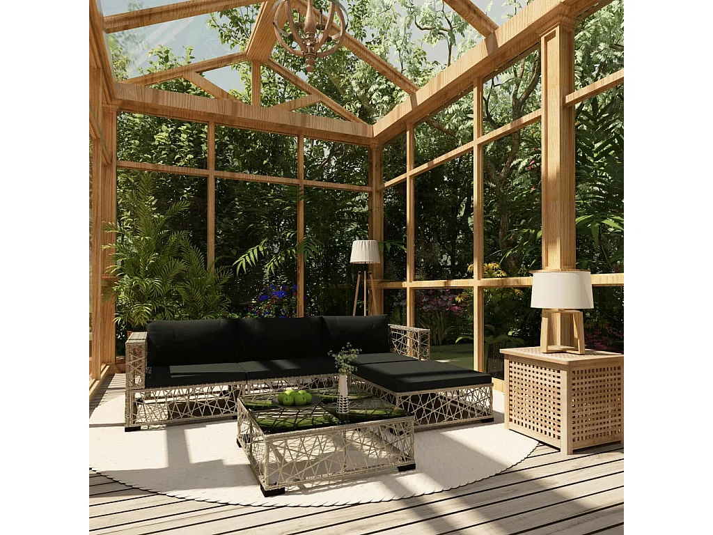 Salon de jardin 5 pièces avec coussins Résine tressée Gris