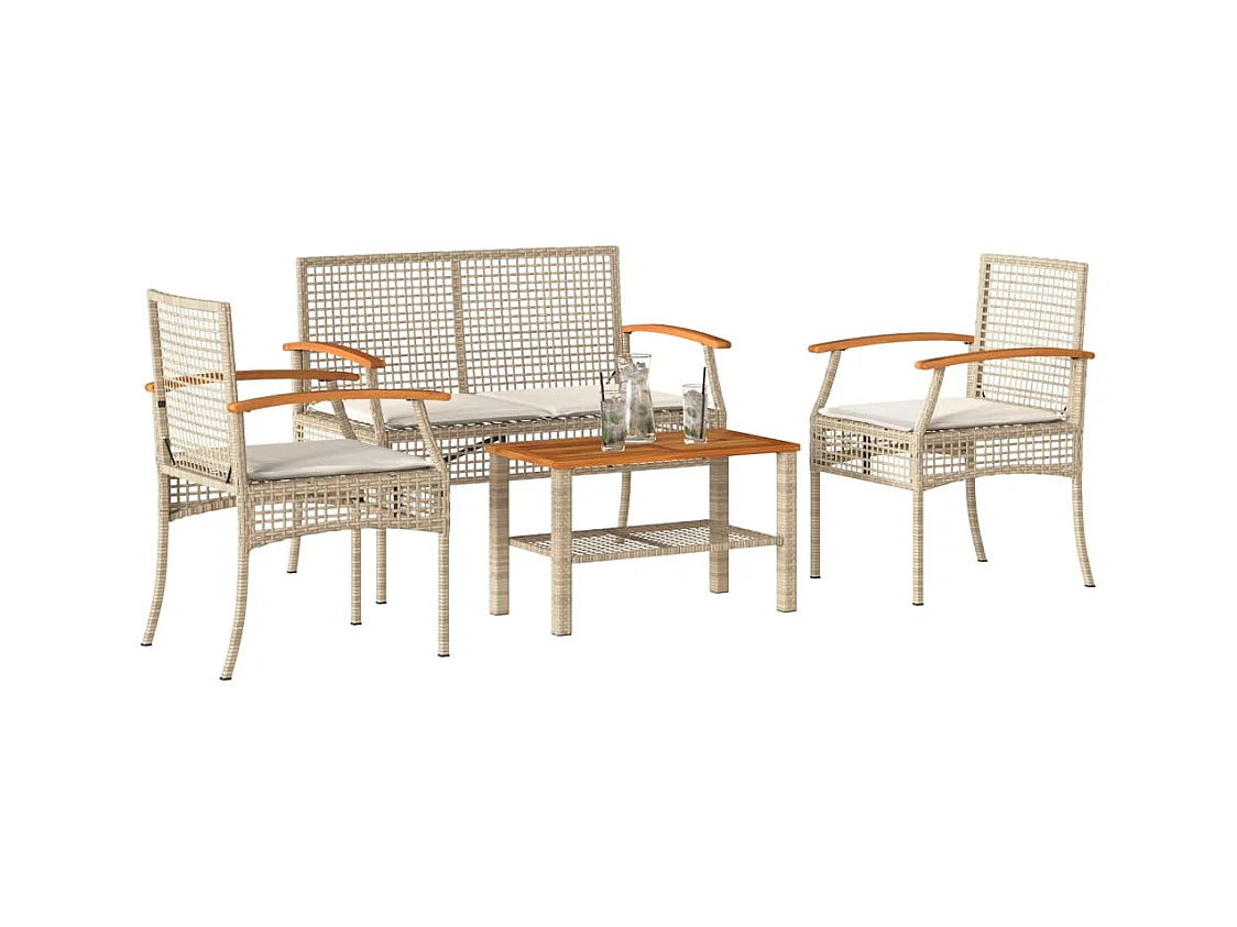4 peças conjunto lounge de jardim c/ almofadões vime PE bege