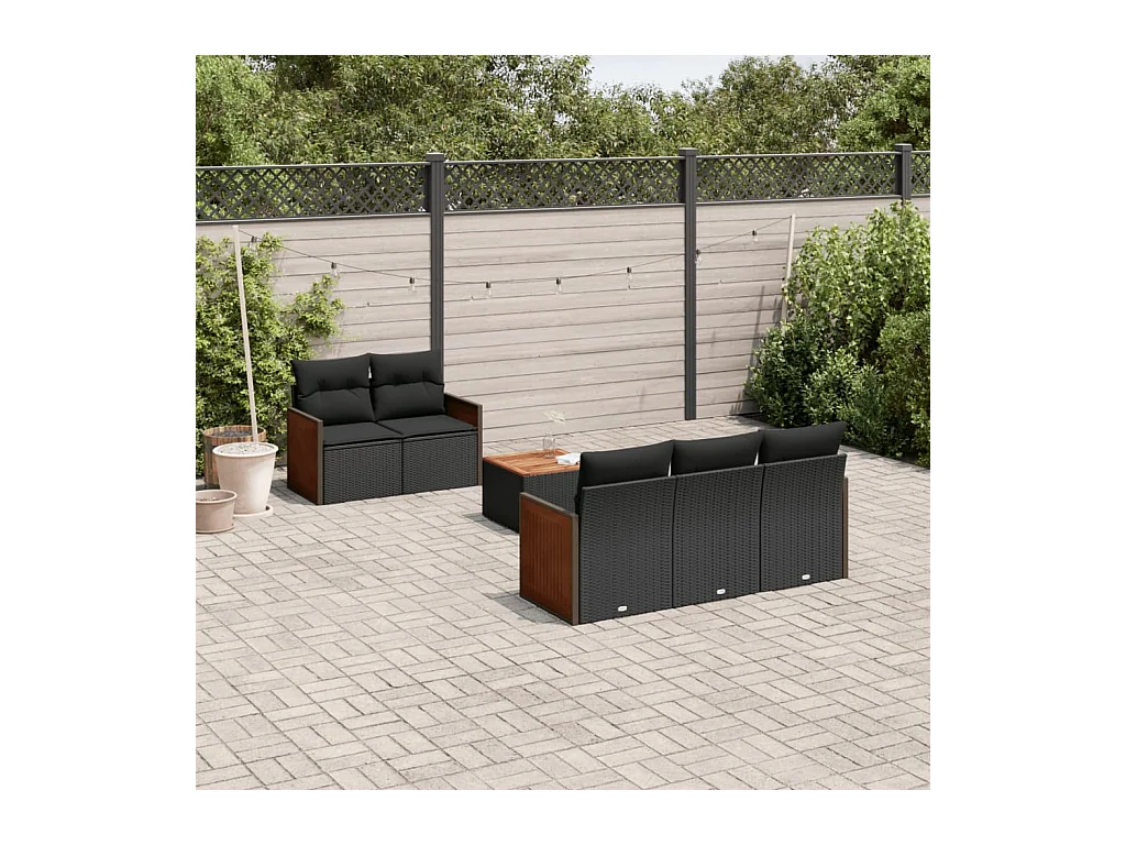 6-delige Loungeset met kussens poly rattan zwart