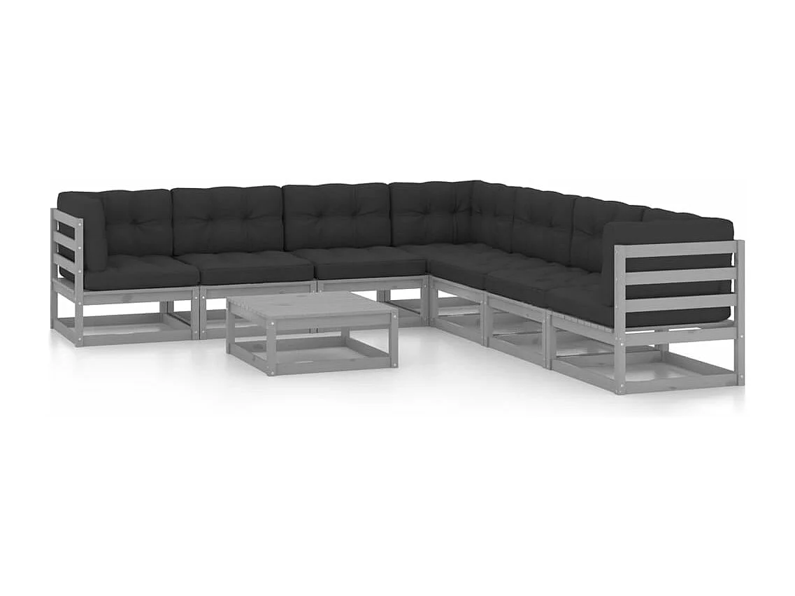 8 peças conjunto lounge de jardim + almofadões pinho maciço cinza