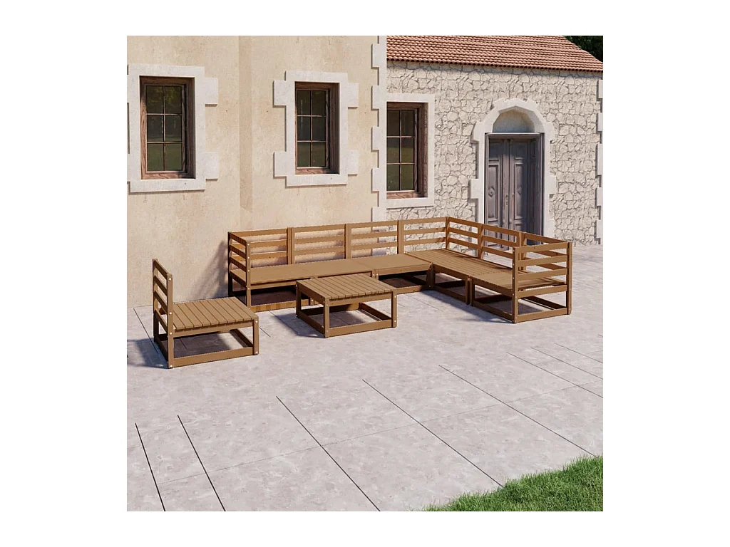 Salon de jardin 8 pièces marron miel bois de pin massif