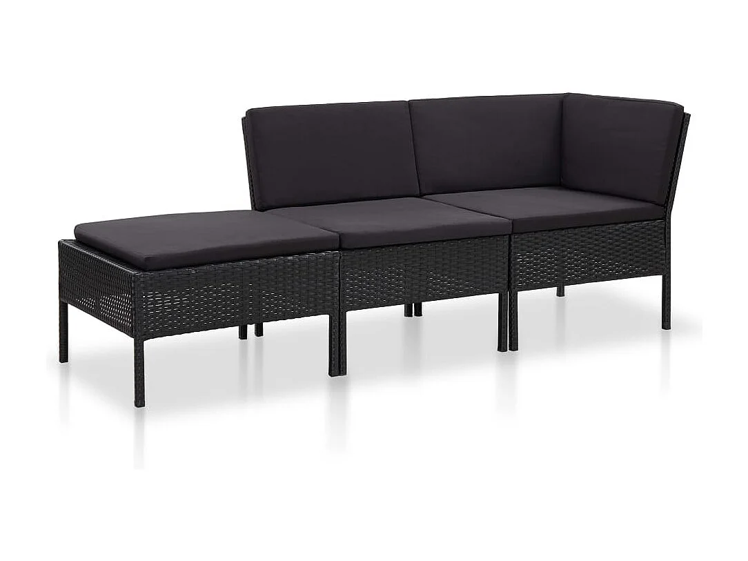 3 peças conjunto lounge de jardim c/ almofadões vime PE preto