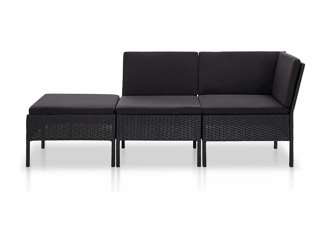3 peças conjunto lounge de jardim c/ almofadões vime PE preto