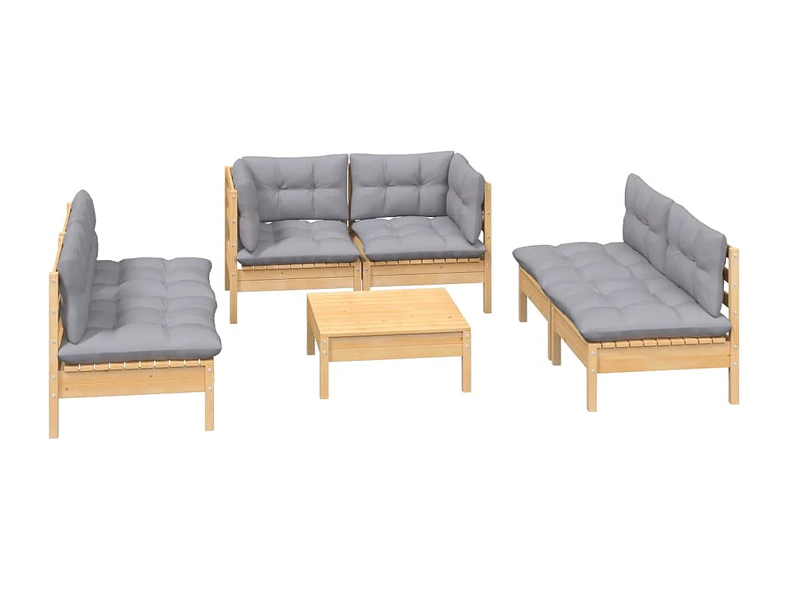 Salon de jardin 7 pièces avec coussins gris bois de pin massif