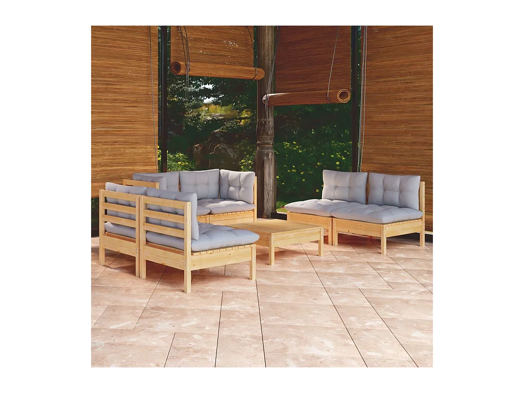 7 peças conjunto lounge de jardim + almofadões cinza pinho maciço