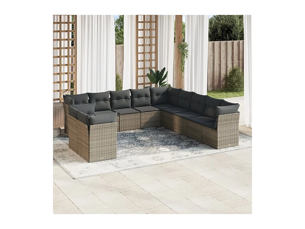 Salon de jardin 11 pièces avec coussins gris résine tressée
