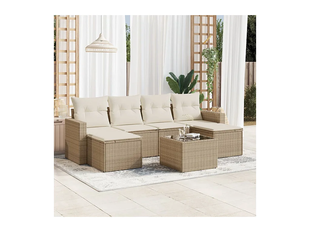 7-delige Loungeset met kussens poly rattan beige