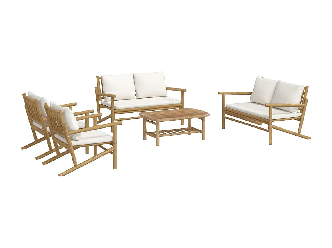 Set de muebles de jardín 5 piezas bambú y cojines blanco crema