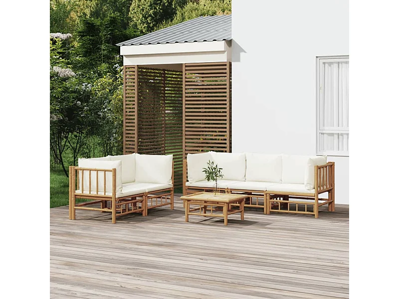 Salon de jardin 6 pièces avec coussins blanc crème bambou