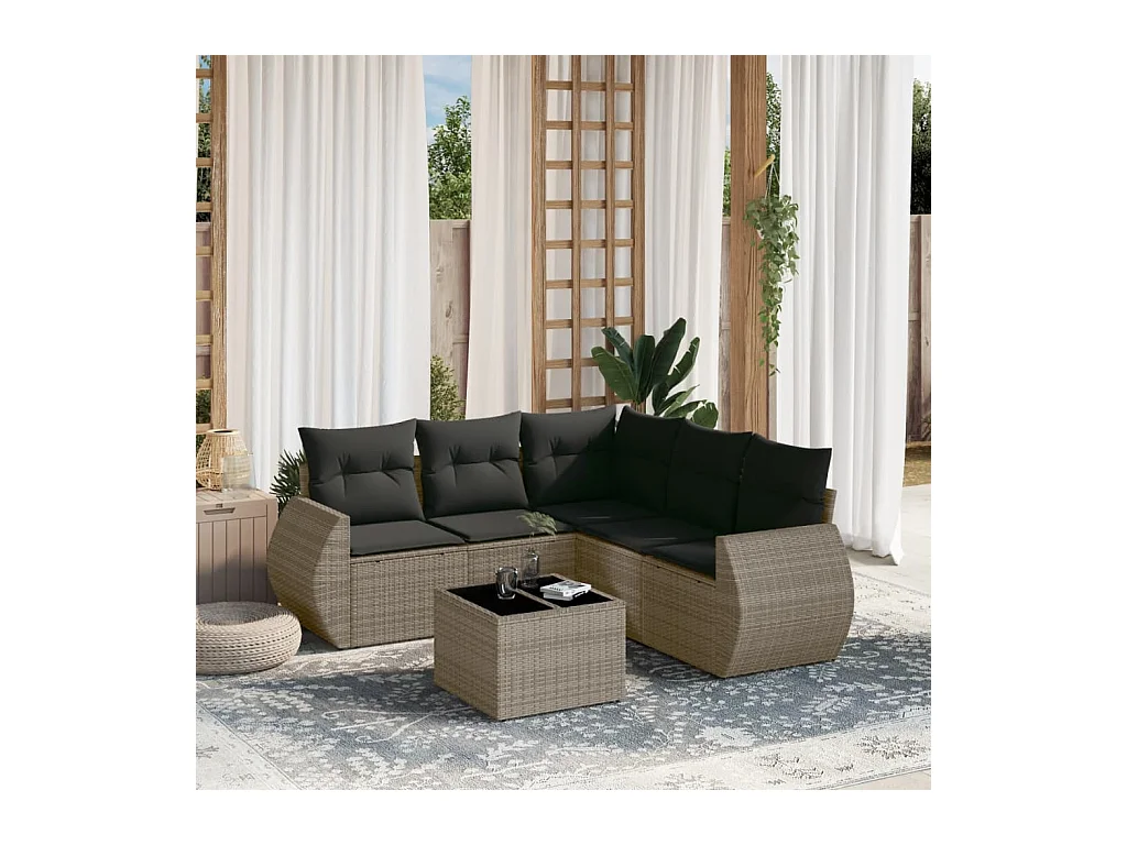 6-delige Loungeset met kussens poly rattan grijs