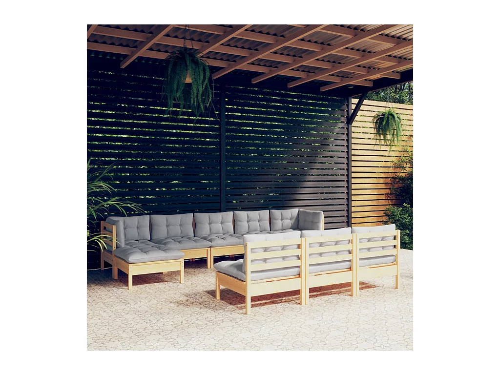 Juego de muebles de jardín 10 piezas y cojines madera pino gris