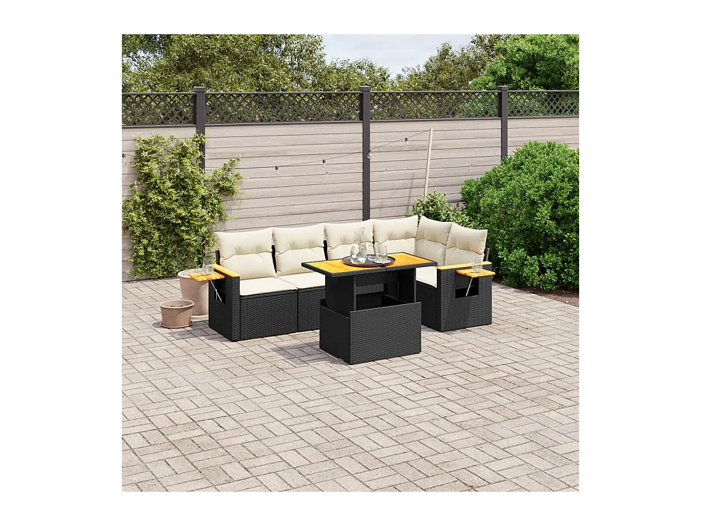 Salon de jardin 6 pièces avec coussins noir résine tressée