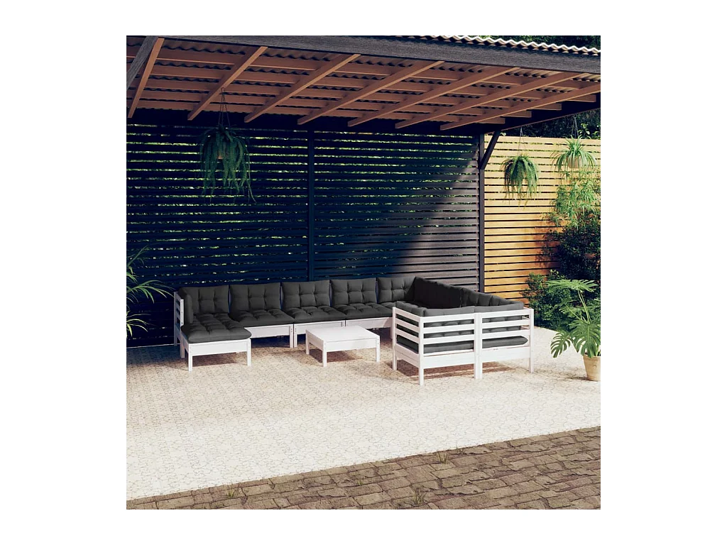 Muebles de jardín 11 piezas cojines blanco madera de pino
