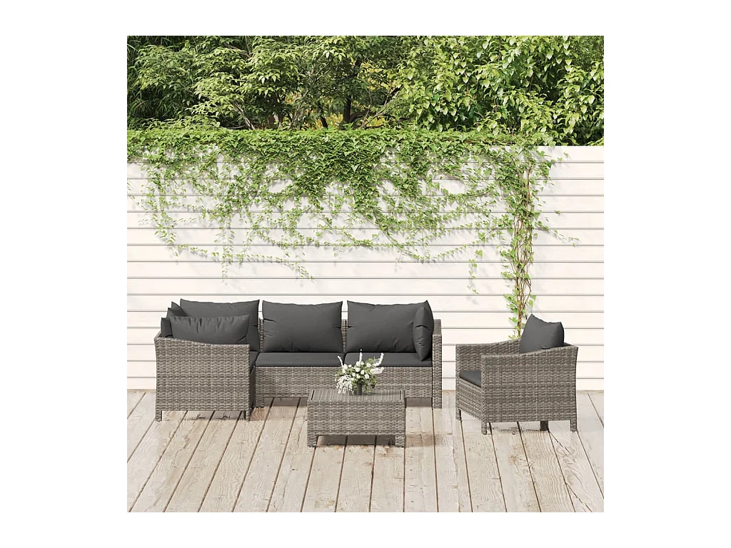 Salon de jardin 6 pièces avec coussins Gris Résine tressée