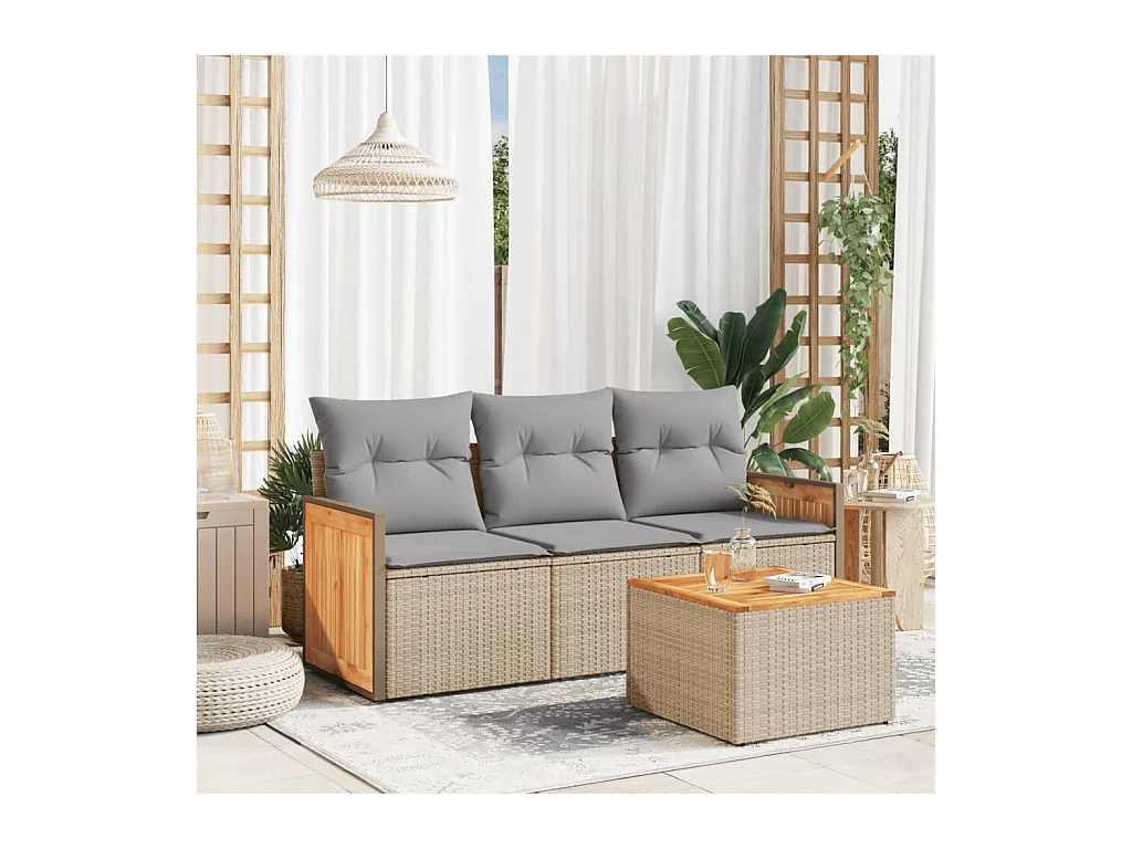 Salon de jardin avec coussins 4 pièces beige résine tressée