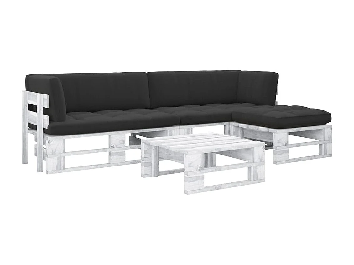 Salon de jardin palette 4 pièces et coussins Pin imprégné de blanc