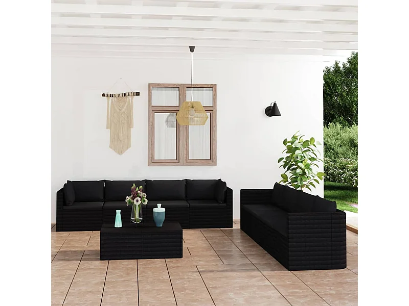 Salon de jardin 9 pièces avec coussins Résine tressée Noir