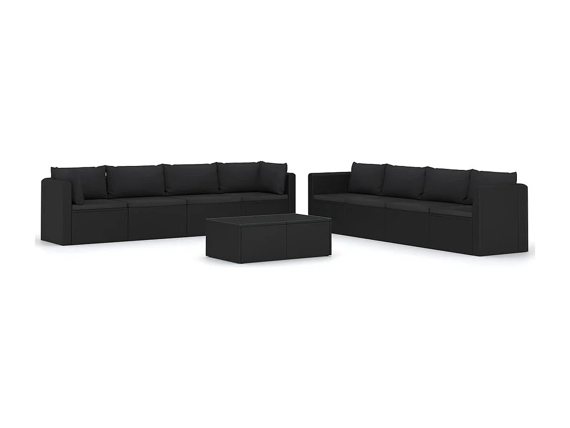 Salon de jardin 9 pièces avec coussins Résine tressée Noir