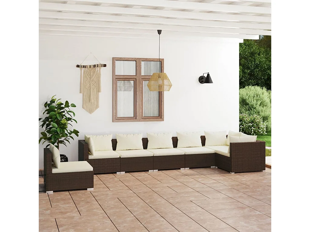 7-delige Loungeset met kussens poly rattan bruin