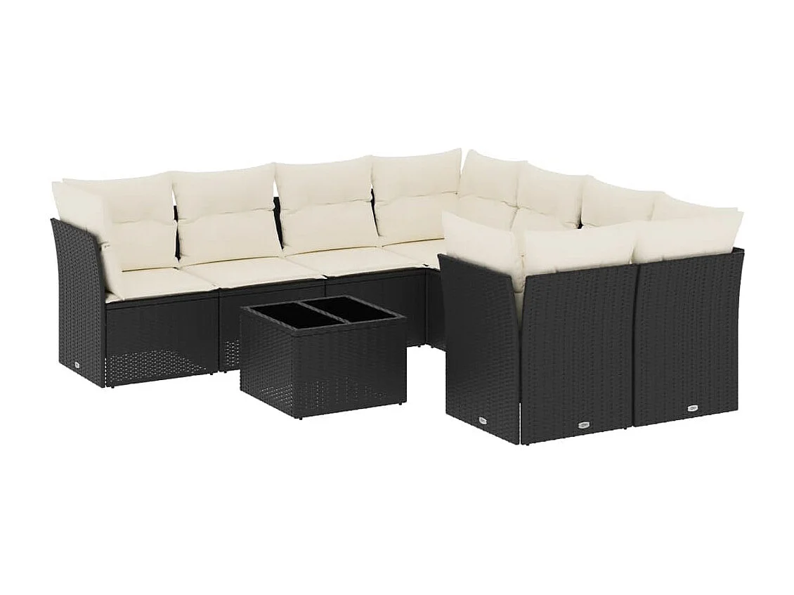 9-delige Loungeset met kussens poly rattan zwart