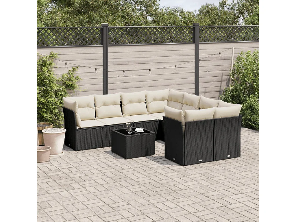 Salon de jardin 9 pièces avec coussins noir résine tressée