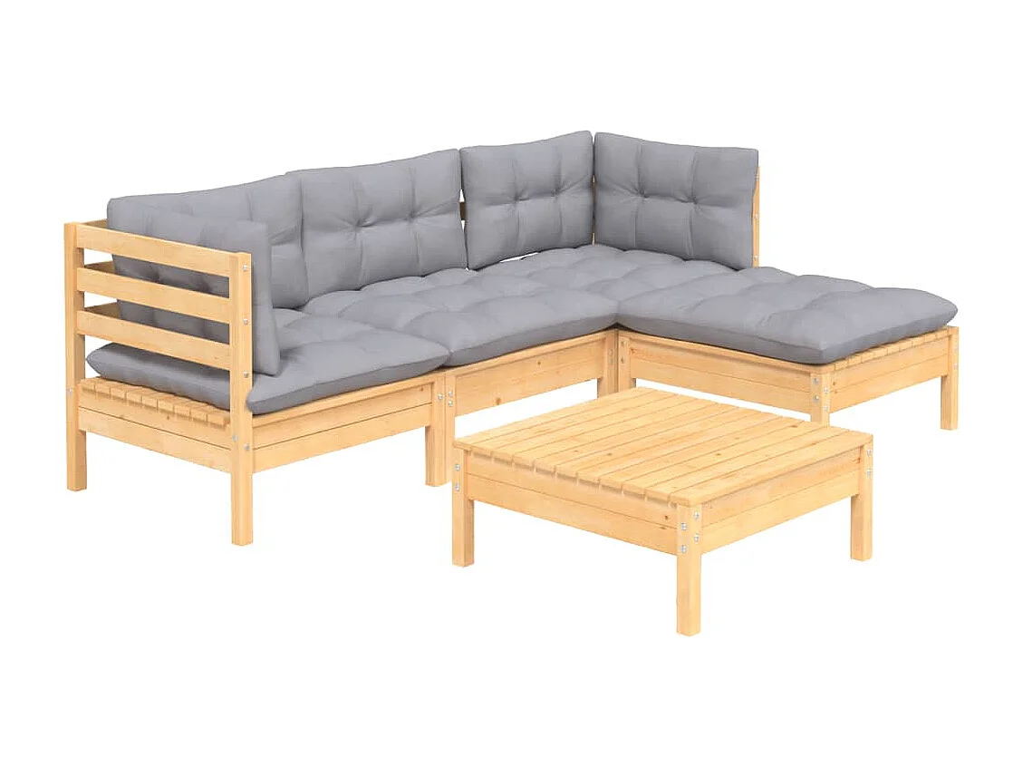 Salon de jardin 5 pièces avec coussins gris bois de pin