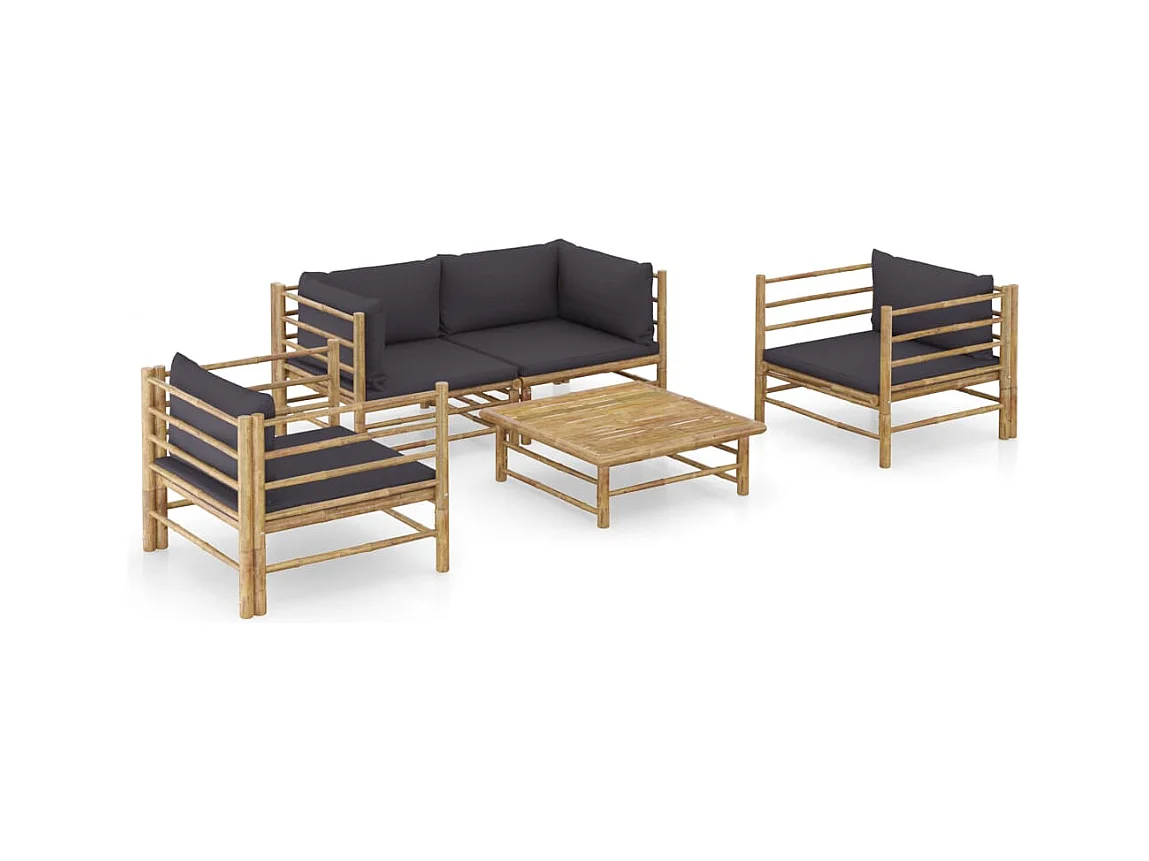 Salon de jardin 5 pièces avec coussins gris foncé Bambou