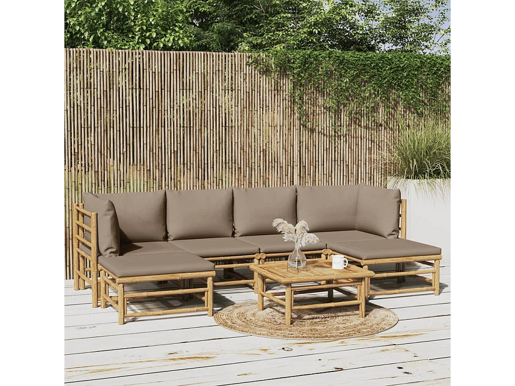 Salon de jardin 7 pièces avec coussins taupe bambou