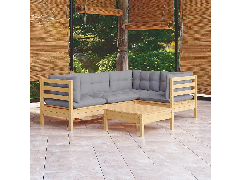 Salon de jardin 5 pièces avec coussins gris Bois de pin