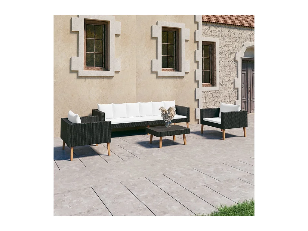 Salon de jardin 4 pièces avec coussins Résine tressée Noir