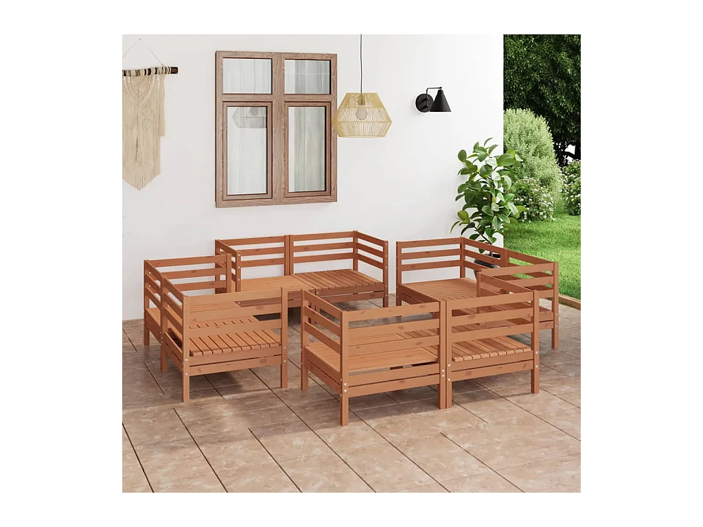 Salon de jardin 8 pièces Marron miel Bois de pin massif