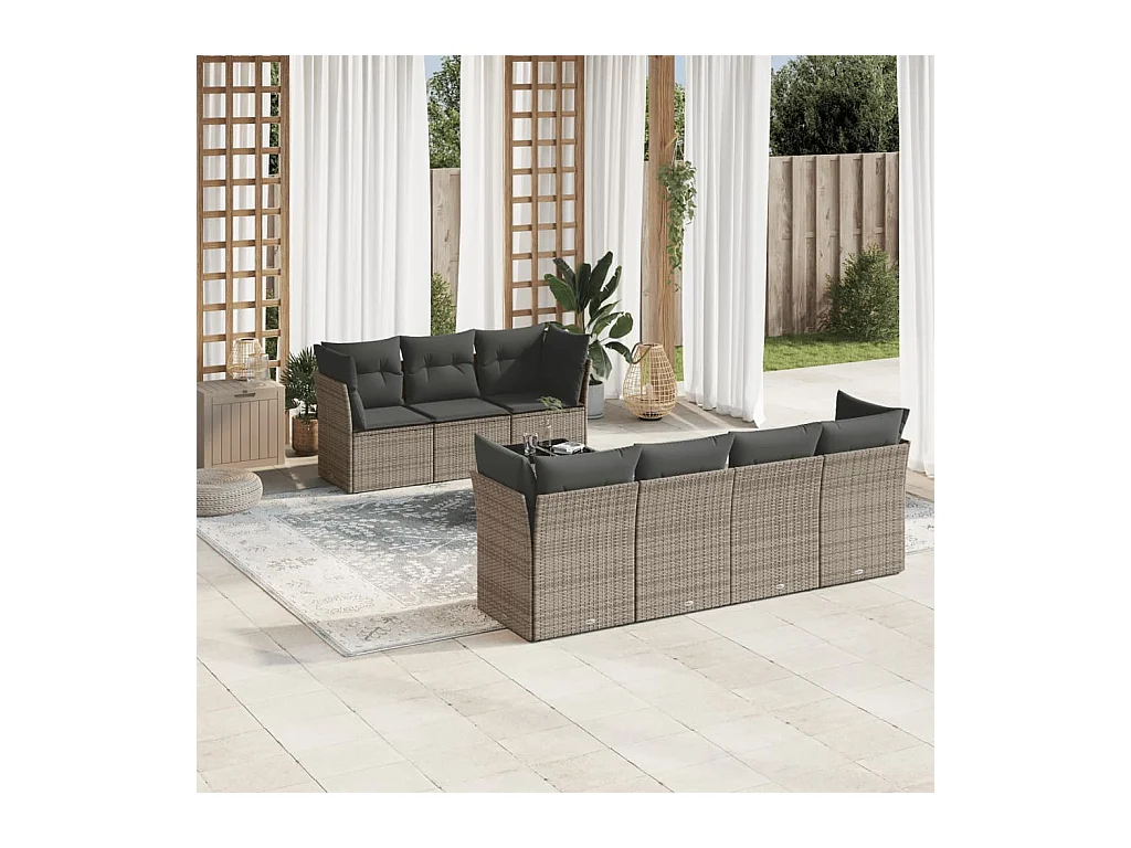 Salon de jardin 8 pièces avec coussins gris résine tressée
