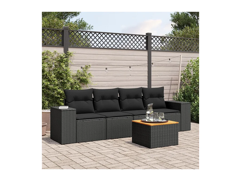 Salon de jardin 5 pièces avec coussins noir résine tressée