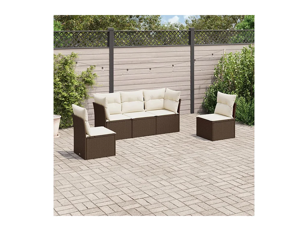 5-delige Loungeset met kussens poly rattan bruin