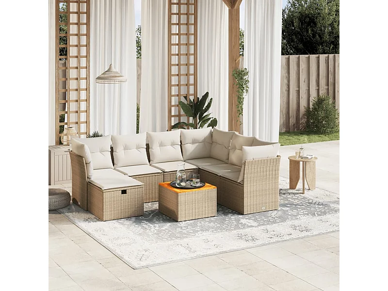 8 peças conjunto de sofás p/ jardim com almofadões vime PE bege