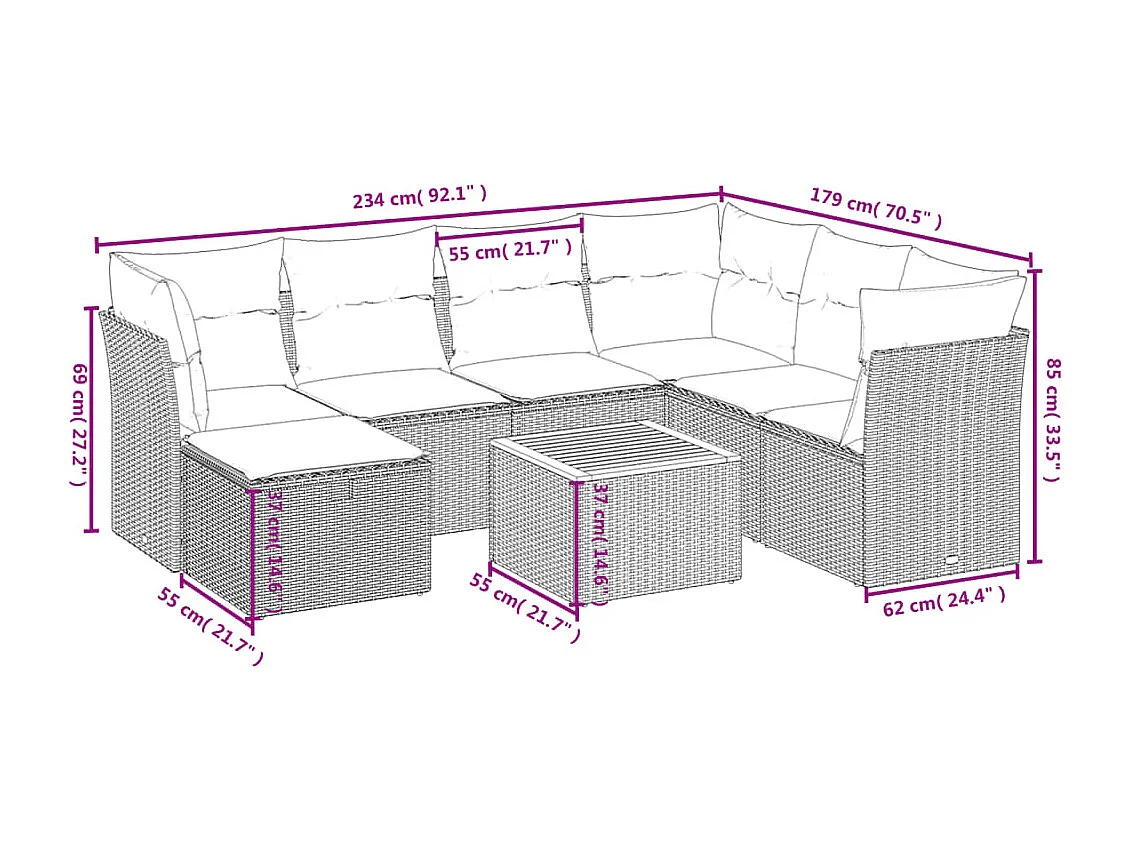 8 peças conjunto de sofás p/ jardim com almofadões vime PE bege