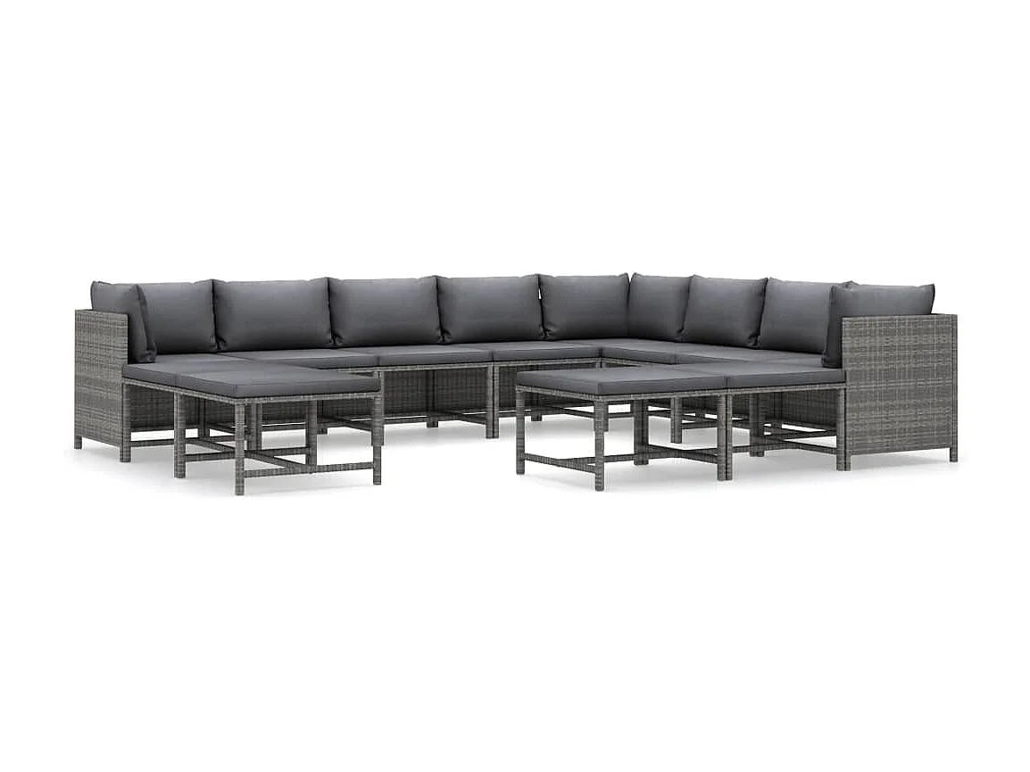 Set de muebles de jardín 12 piezas y cojines ratán sintético gris