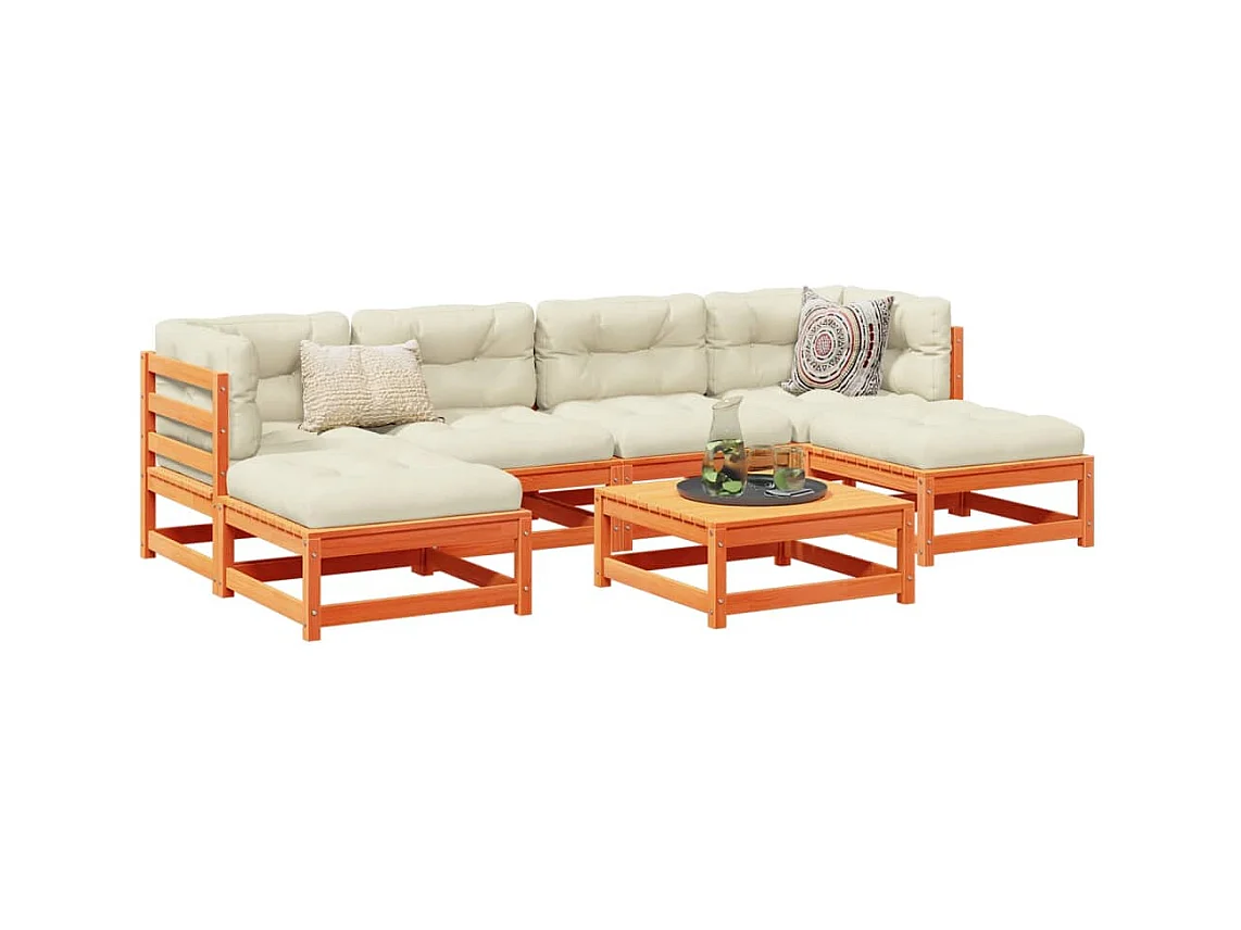 Salon de jardin 7 pièces avec coussins cire marron bois pin massif