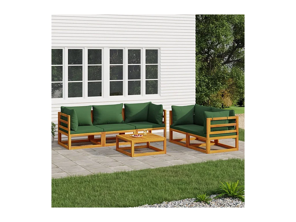 Salon de jardin 6 pièces avec coussins vert bois massif