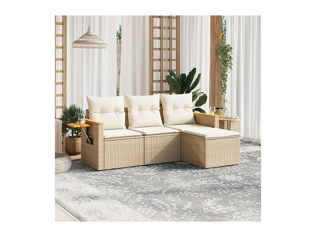 Salon de jardin avec coussins 4 pièces beige résine tressée