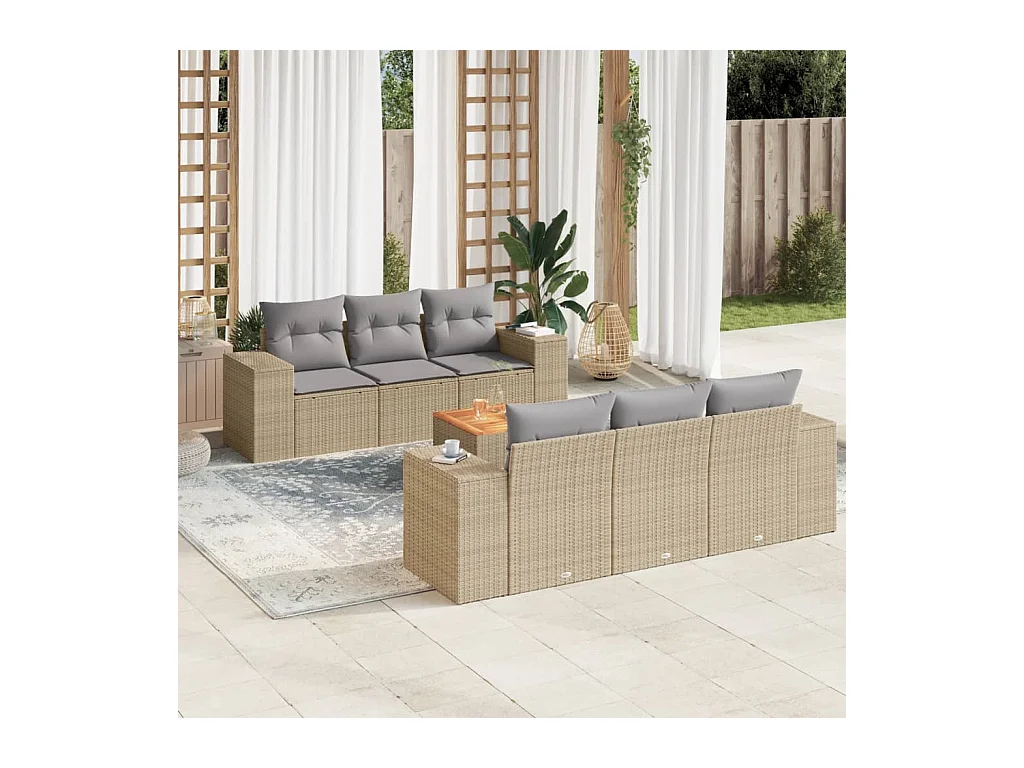 7-delige Loungeset met kussens poly rattan beige