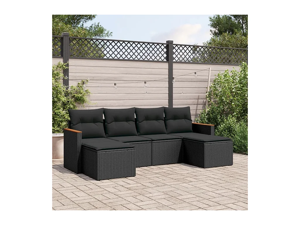 Salon de jardin 6 pièces avec coussins noir résine tressée