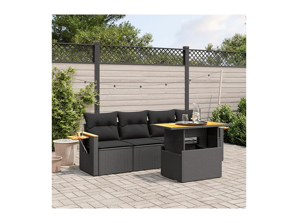 Salon de jardin 5 pièces avec coussins noir résine tressée