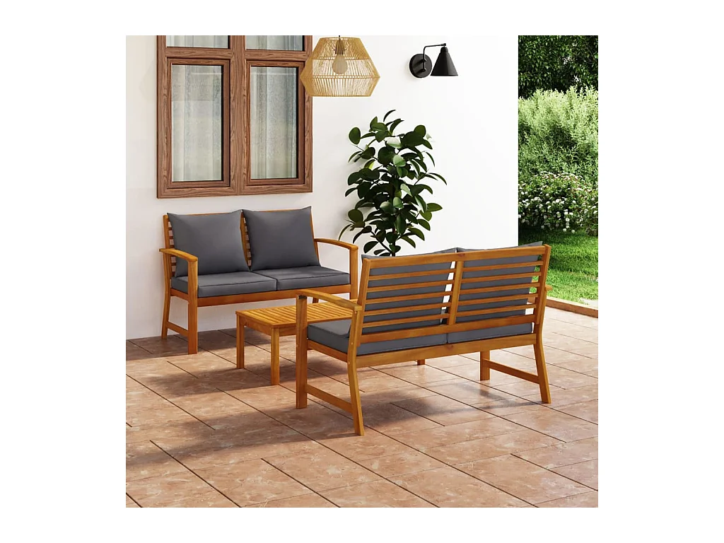 Salon de jardin 3 pièces avec coussin Bois d'acacia solide