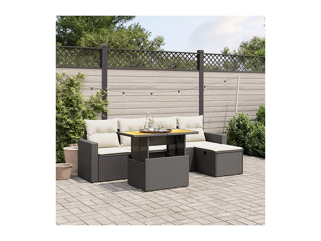 6-delige Loungeset met kussens poly rattan zwart
